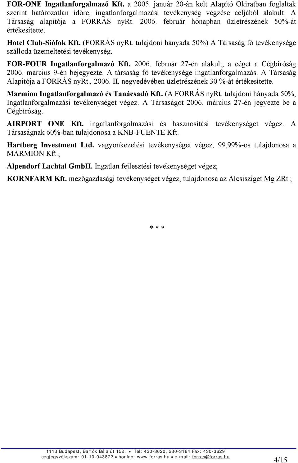 tulajdoni hányada 50%) A Társaság fő tevékenysége szálloda üzemeltetési tevékenység. FOR-FOUR Ingatlanforgalmazó Kft. 2006. február 27-én alakult, a céget a Cégbíróság 2006. március 9-én bejegyezte.