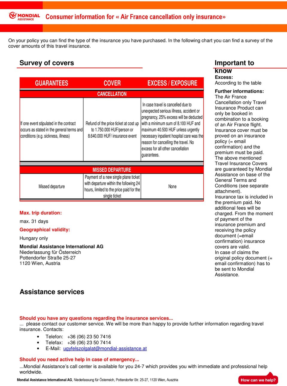 Survey of covers GUARANTEES COVER EXCESS / EXPOSURE If one event stipulated in the contract occurs as stated in the general terms and conditions (e.g. sickness, illness) Missed departure Max.