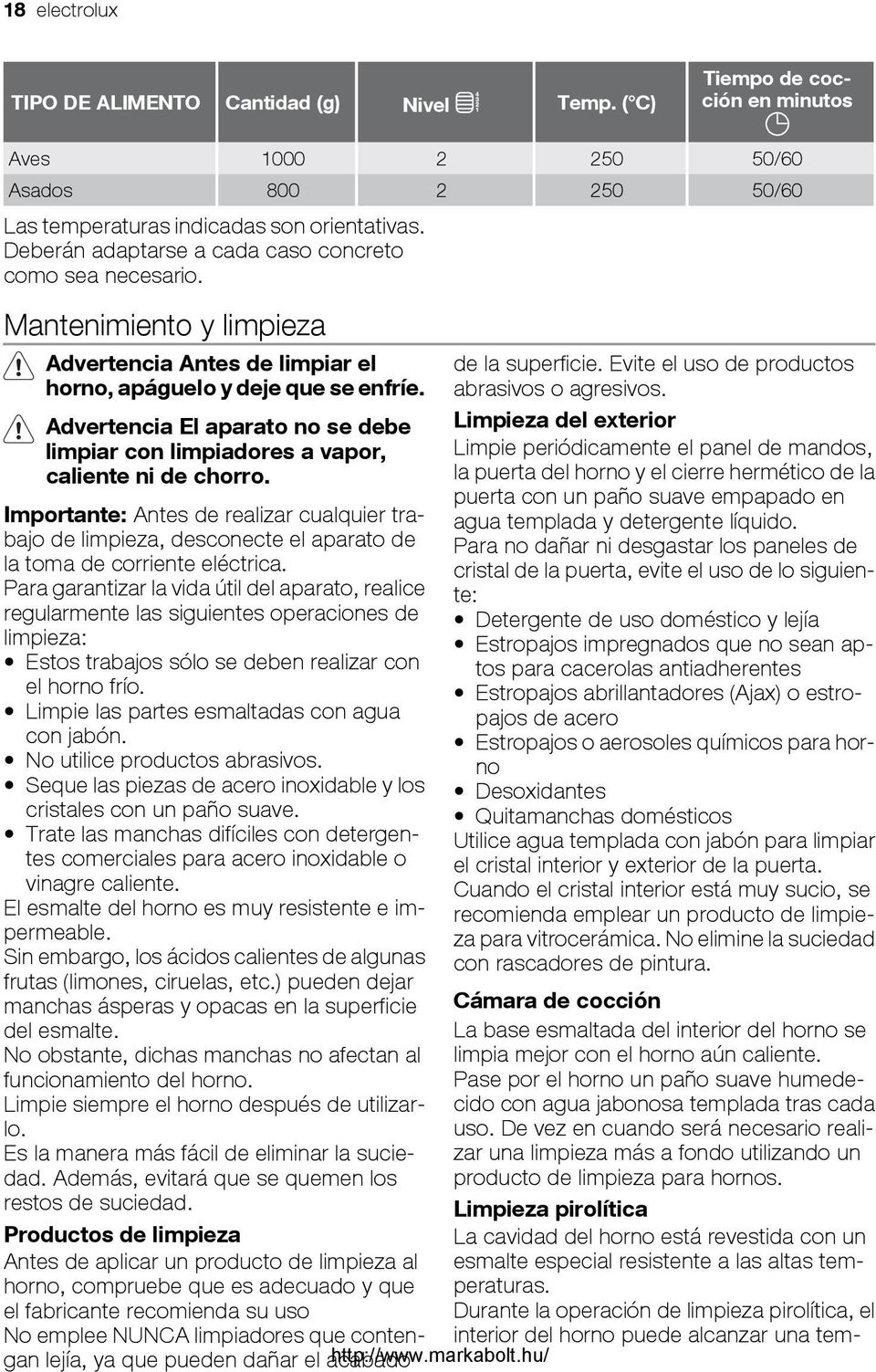 Advertencia El aparato no se debe limpiar con limpiadores a vapor, caliente ni de chorro.