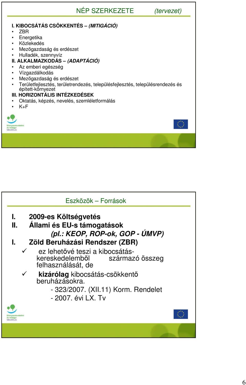 épített-környezet III. HORIZONTÁLIS INTÉZKEDÉSEK Oktatás, képzés, nevelés, szemléletformálás K+F Eszközök Források I. 2009-es Költségvetés II. Állami és EU-s támogatások (pl.