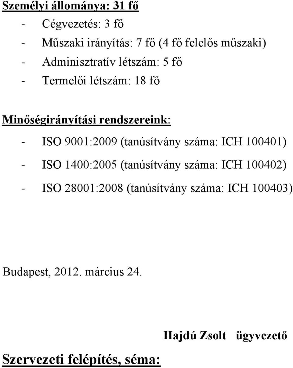 9001:2009 (tanúsítvány száma: ICH 100401) - ISO 1400:2005 (tanúsítvány száma: ICH 100402) - ISO