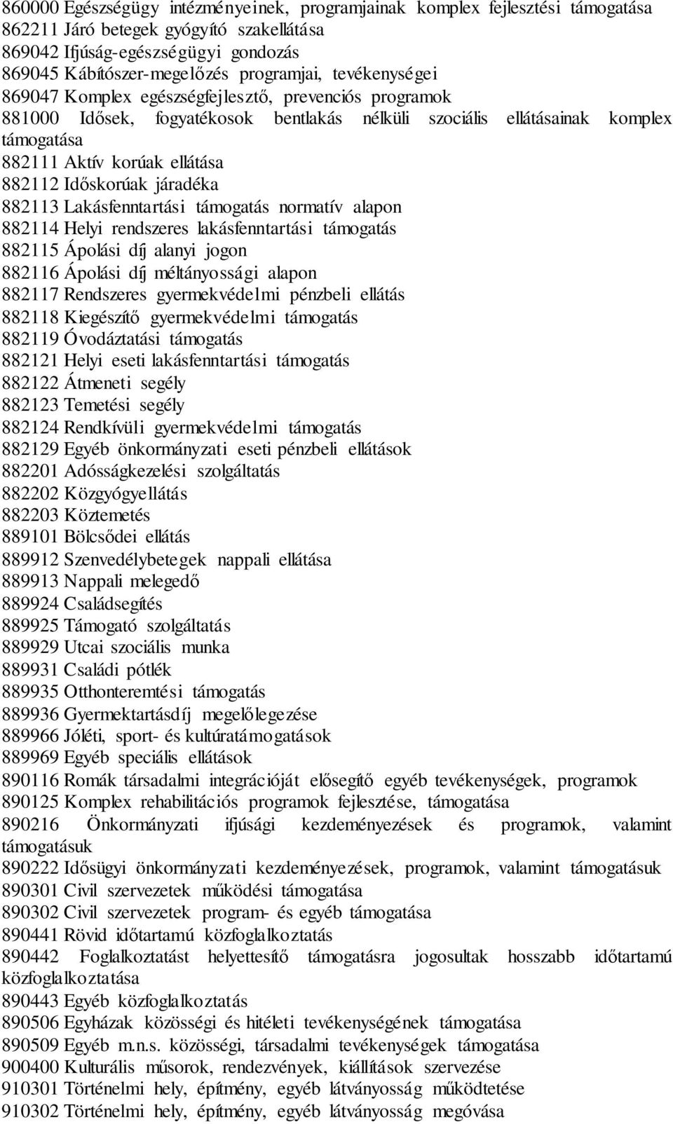 Időskorúak járadéka 882113 Lakásfenntartási támogatás normatív alapon 882114 Helyi rendszeres lakásfenntartási támogatás 882115 Ápolási díj alanyi jogon 882116 Ápolási díj méltányossági alapon 882117