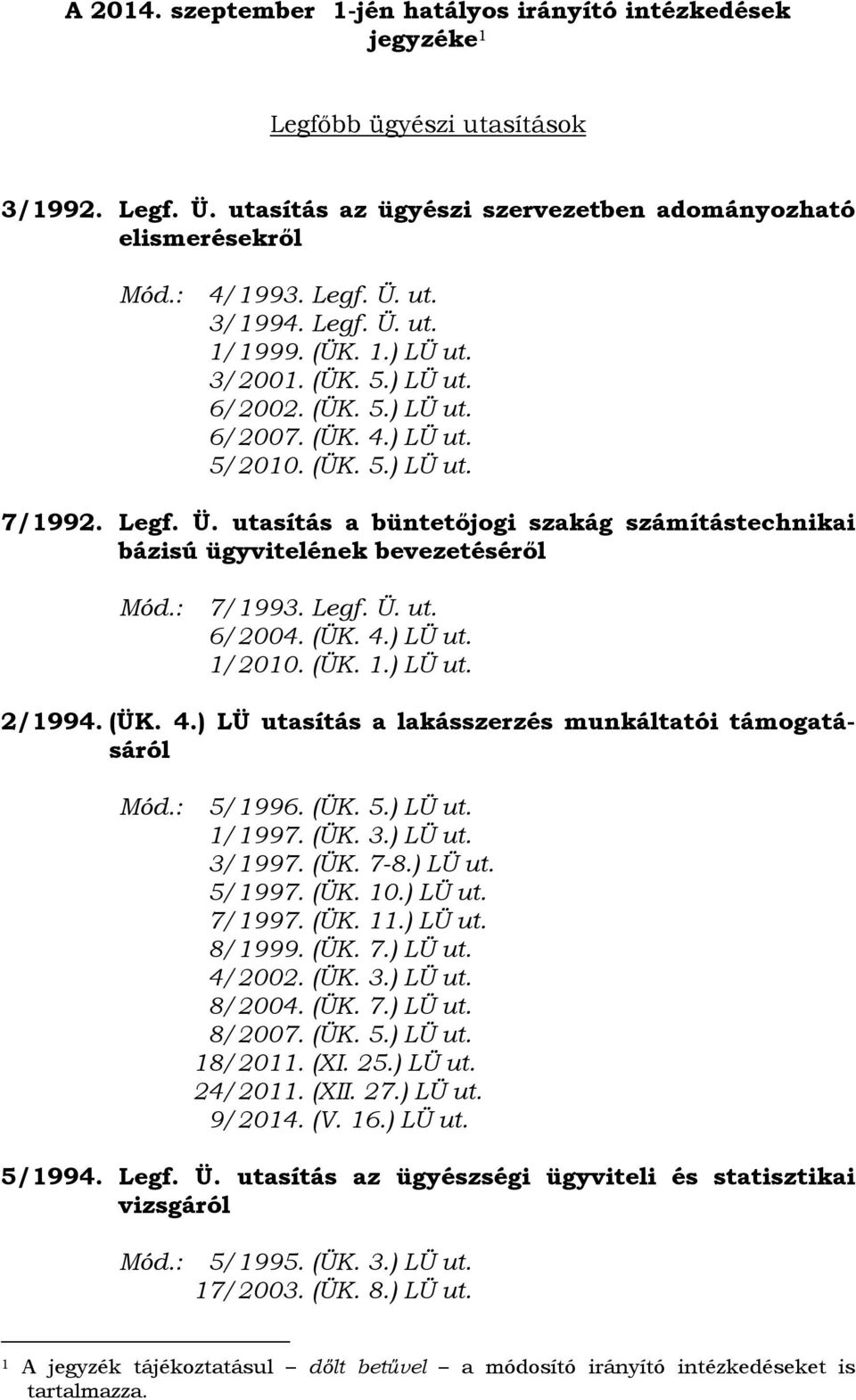 Legf. Ü. ut. 6/2004. (ÜK. 4.) LÜ ut. 1/2010. (ÜK. 1.) LÜ ut. 2/1994. (ÜK. 4.) LÜ utasítás a lakásszerzés munkáltatói támogatásáról 5/1996. (ÜK. 5.) LÜ ut. 1/1997. (ÜK. 3.) LÜ ut. 3/1997. (ÜK. 7-8.