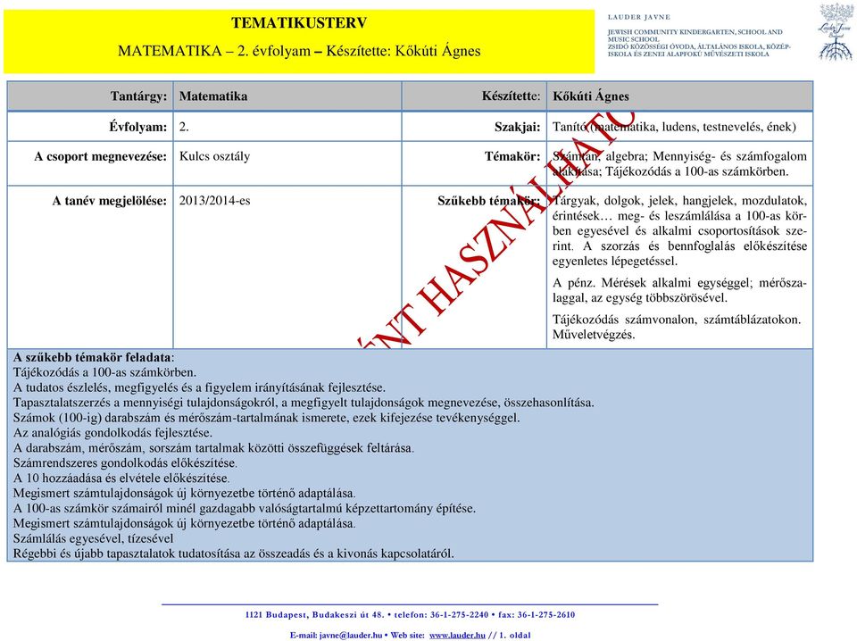 TEMATIKUSTERV MATEMATIKA 2. évfolyam Készítette: Kőkúti Ágnes - PDF  Ingyenes letöltés