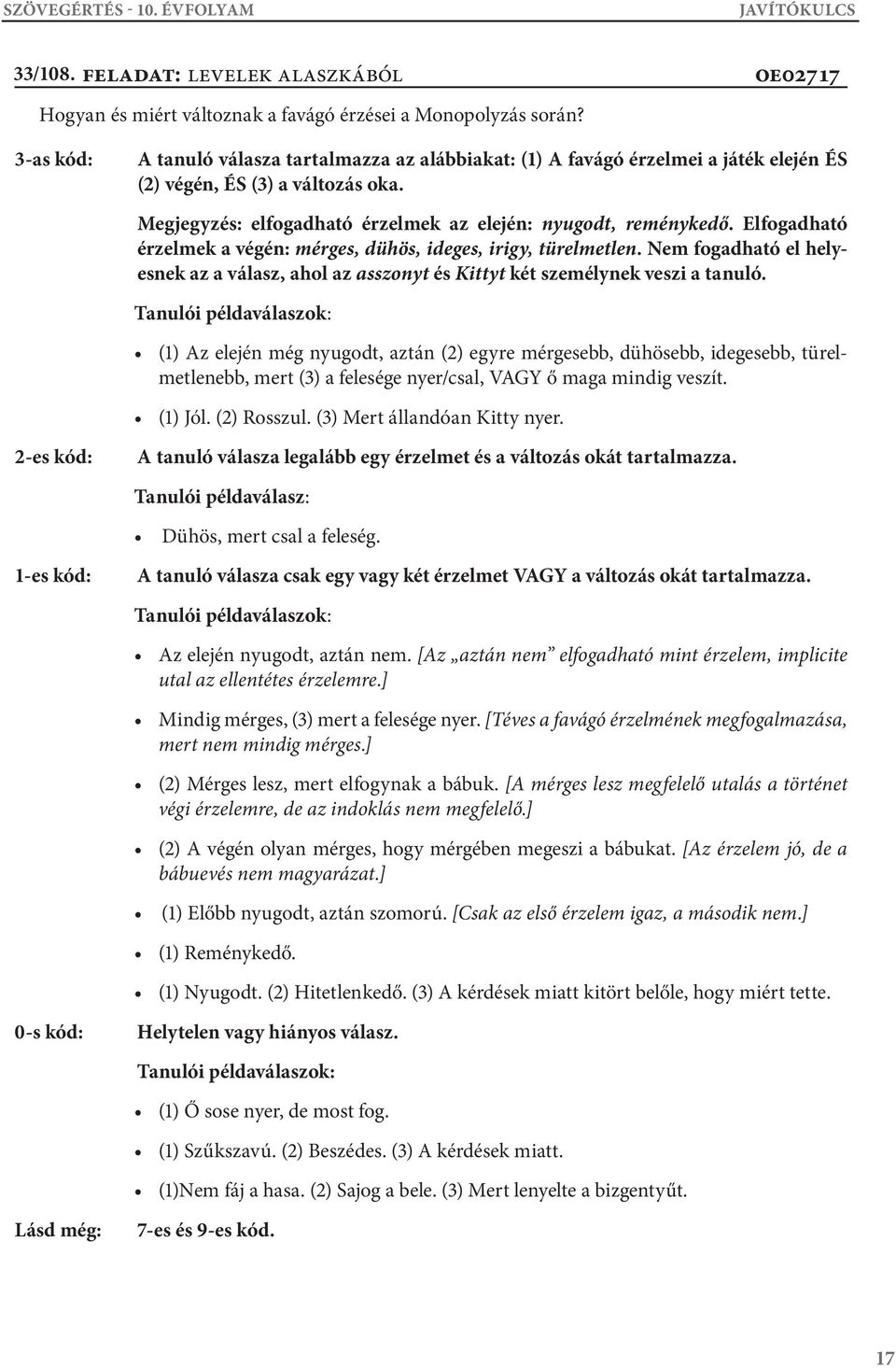 Elfogadható érzelmek a végén: mérges, dühös, ideges, irigy, türelmetlen. Nem fogadható el helyesnek az a válasz, ahol az asszonyt és Kittyt két személynek veszi a tanuló.