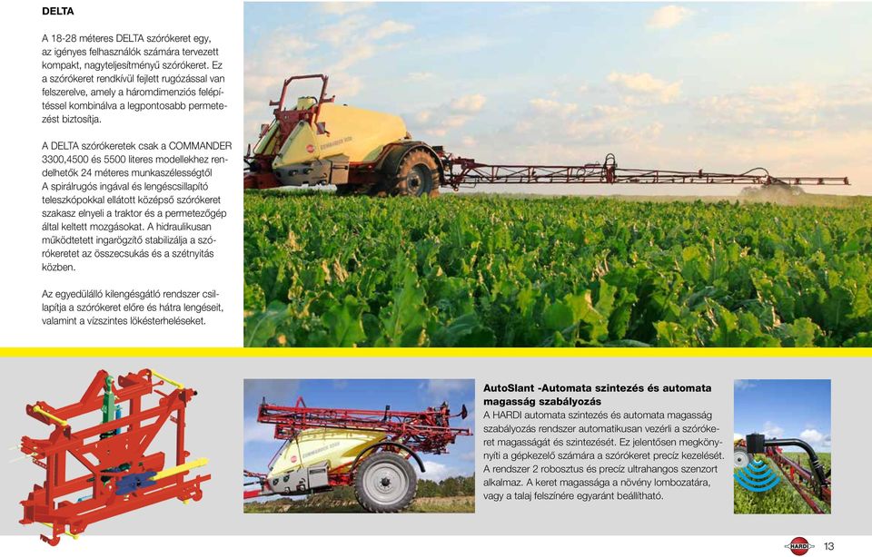 A DELTA szórókeretek csak a COMMANDER 3300,4500 és 5500 literes modellekhez rendelhetők 24 méteres munkaszélességtől A spirálrugós ingával és lengéscsillapító teleszkópokkal ellátott középső