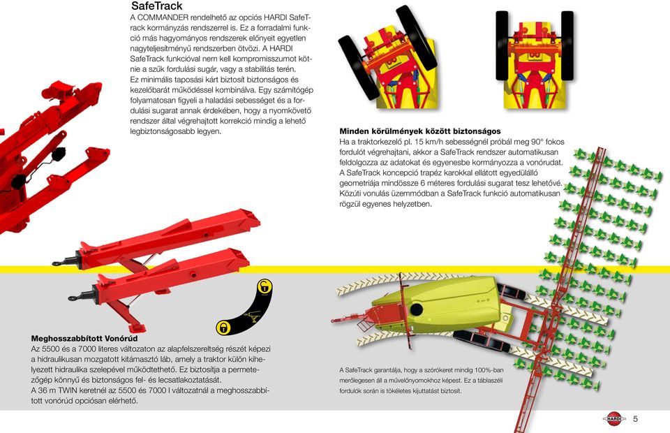 A HARDI SafeTrack funkcióval nem kell kompromisszumot kötnie a szűk fordulási sugár, vagy a stabilitás terén. Ez minimális taposási kárt biztosít biztonságos és kezelőbarát működéssel kombinálva.