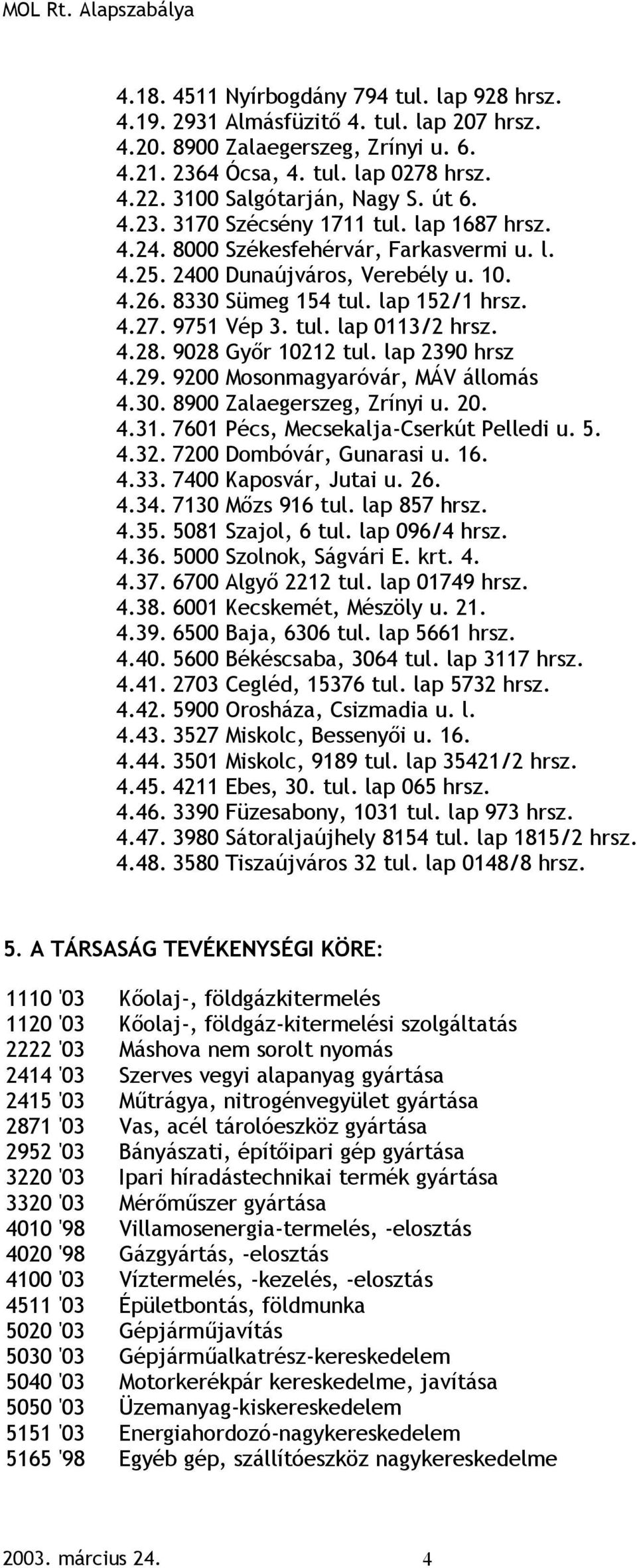 4.28. 9028 Győr 10212 tul. lap 2390 hrsz 4.29. 9200 Mosonmagyaróvár, MÁV állomás 4.30. 8900 Zalaegerszeg, Zrínyi u. 20. 4.31. 7601 Pécs, Mecsekalja-Cserkút Pelledi u. 5. 4.32.