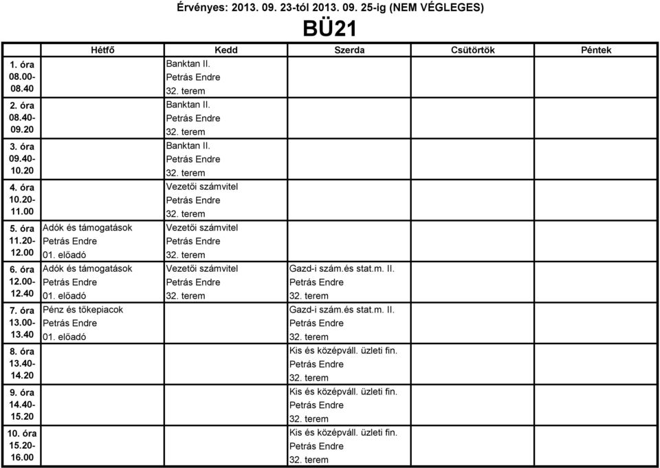 terem Adók és támogatások Vezetői számvitel Gazd-i szám.és stat.m. II. 01. előadó 32. terem 32.