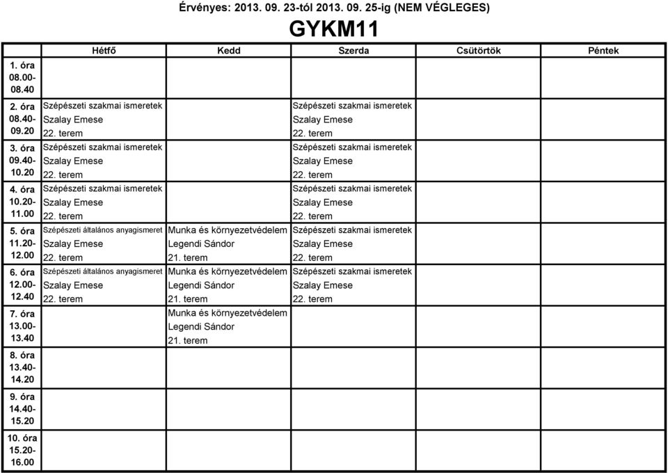 terem Szépészeti általános anyagismeret Munka és környezetvédelem Szépészeti szakmai ismeretek Szalay Emese Szalay Emese 22. terem 21. terem 22.