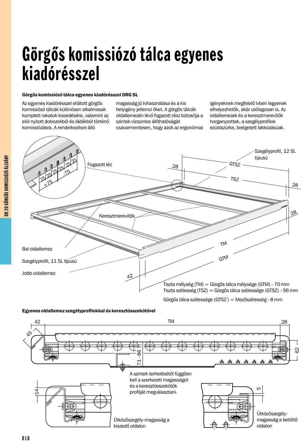 A görgõs tálcák oldallemezén lévõ fogazott rész biztosítja a szintek vízszintes állíthatóságát csavarmentesen, hogy azok az ergonómiai igényeknek megfelelõ ívben legyenek elhelyezhetõk, akár