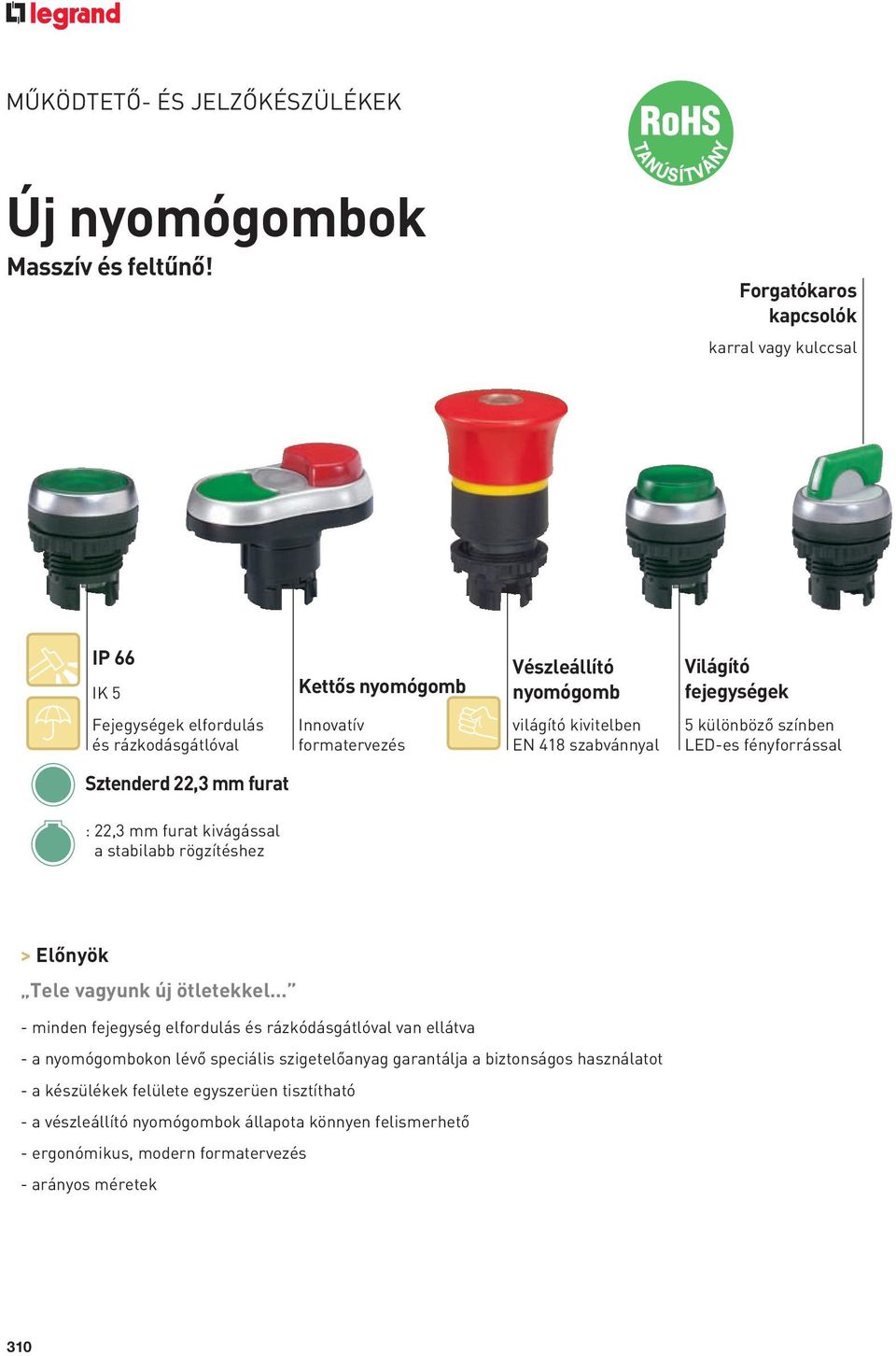 világító kivitelben EN 418 szabvánnyal 5 különbözô színben LED-es fényforrással Sztenderd 22,3 mm furat : 22,3 mm furat kivágással a stabilabb rögzítéshez > Elônyök Tele vagyunk új