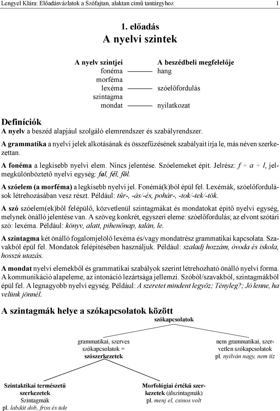 szabályrendszer. A grammatika a nyelvi jelek alkotásának és összefzésének szabályait írja le, más néven szerkezettan. A fonéma a legkisebb nyelvi elem. Nincs jelentése. Szóelemeket épít.