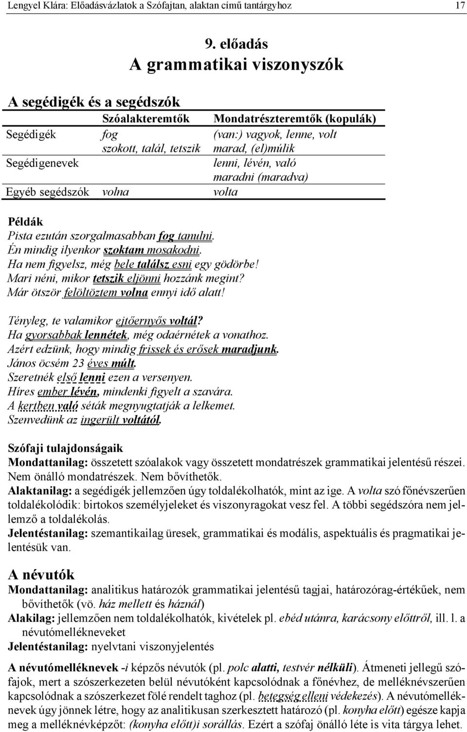 (maradva) Egyéb segédszók volna volta Példák Pista ezután szorgalmasabban fog tanulni. Én mindig ilyenkor szoktam mosakodni. Ha nem figyelsz, még bele találsz esni egy gödörbe!