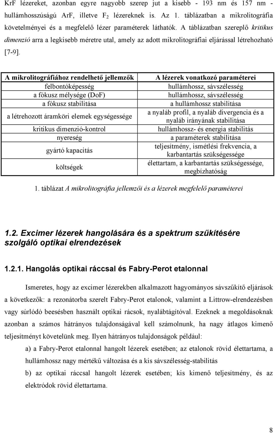 A táblázatban szereplő kritikus dimenzió arra a legkisebb méretre utal, amely az adott mikrolitográfiai eljárással létrehozható [7-9].