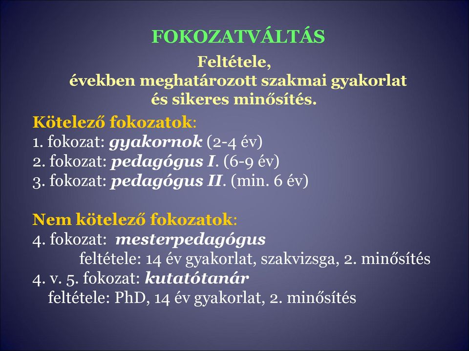 fokozat: pedagógus II. (min. 6 év) Nem kötelező fokozatok: 4.