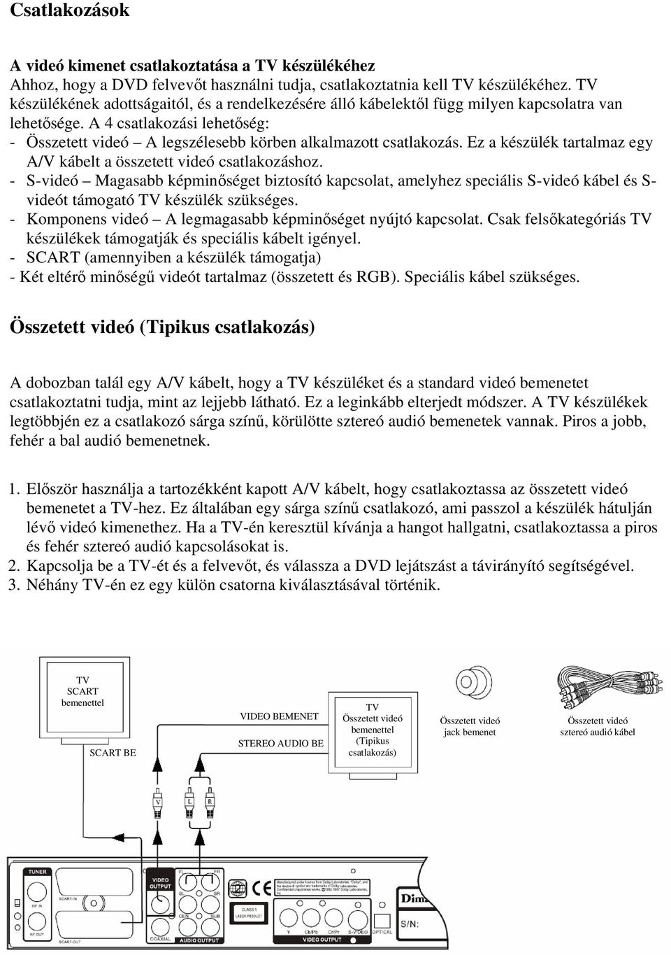 Ez a készülék tartalmaz egy A/V kábelt a összetett videó csatlakozáshoz.