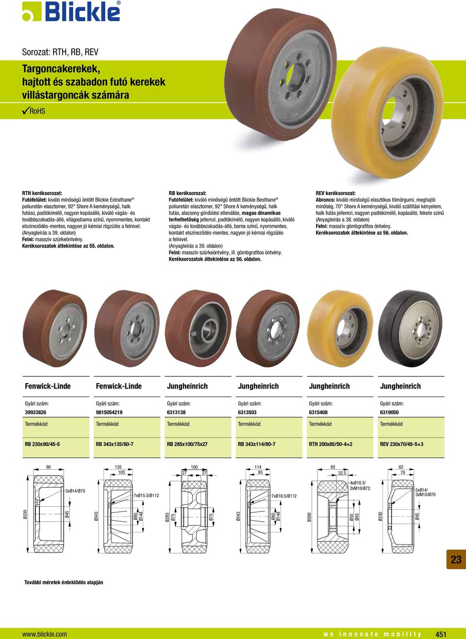 RB keréksorozat: Futófelület: kiváló minőségű öntött Blickle Besthane futás, alacsony gördülési ellenállás, magas dinamikus terhelhetőség jellemzi, padlókímélő, nagyon kopásálló, kiváló vágás- és