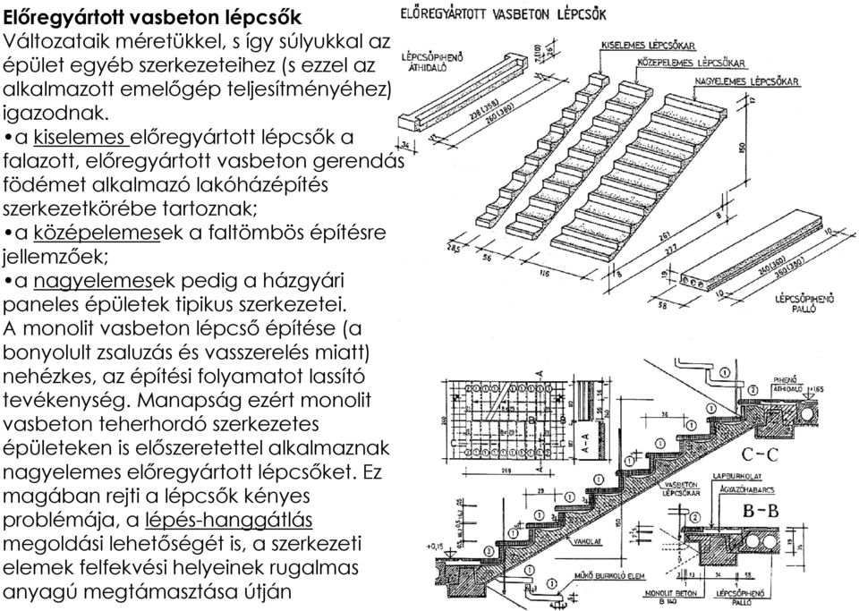 nagyelemesek pedig a házgyári paneles épületek tipikus szerkezetei. A monolit vasbeton lépcső építése (a bonyolult zsaluzás és vasszerelés miatt) nehézkes, az építési folyamatot lassító tevékenység.