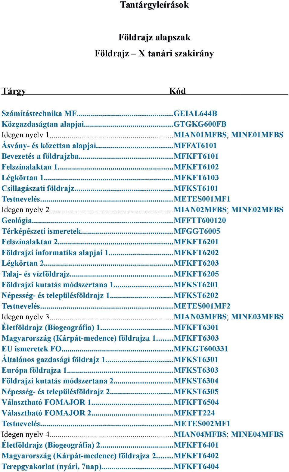 ..METES001MF1 Idegen nyelv 2...MIAN02MFBS; MINE02MFBS Geológia...MFFTT600120 Térképészeti ismeretek...mfggt6005 Felszínalaktan 2...MFKFT6201 Földrajzi informatika alapjai 1...MFKFT6202 Légkörtan 2.