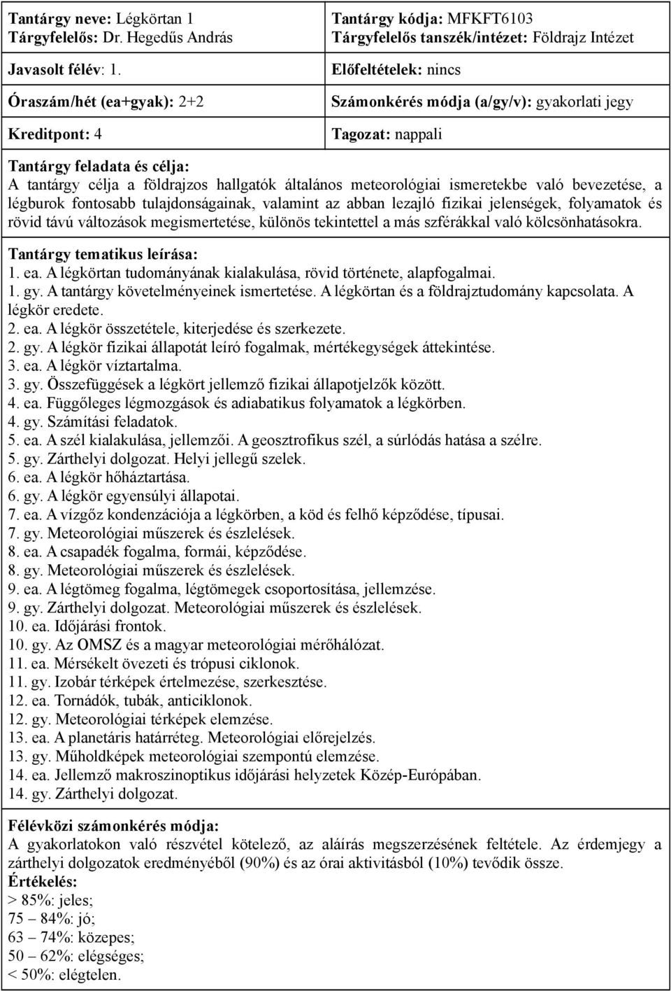 általános meteorológiai ismeretekbe való bevezetése, a légburok fontosabb tulajdonságainak, valamint az abban lezajló fizikai jelenségek, folyamatok és rövid távú változások megismertetése, különös