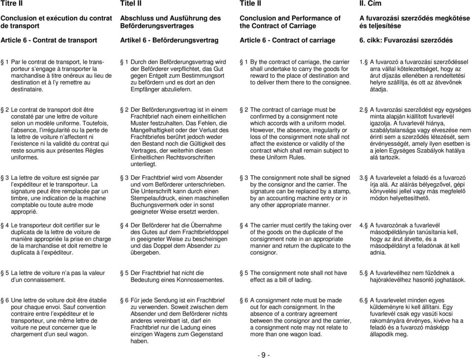 teljesítése Article 6 - Contrat de transport Artikel 6 - Beförderungsvertrag Article 6 - Contract of carriage 6.