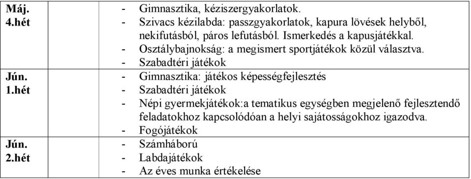 - Osztálybajnokság: a megismert sportjátékok közül választva.