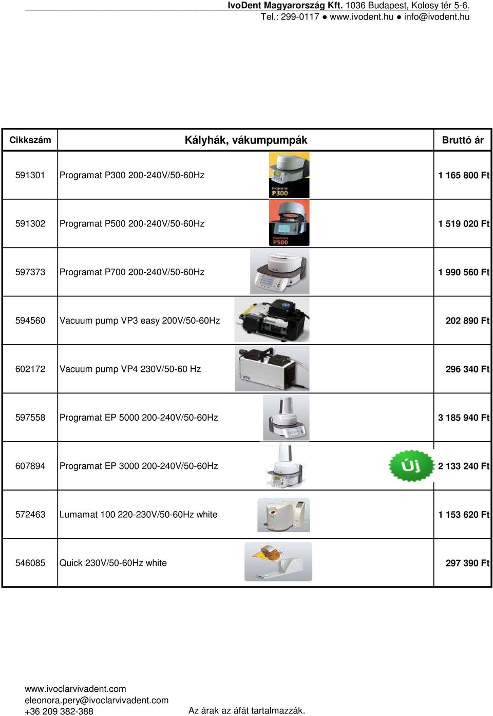 202 890 Ft 602172 Vacuum pump VP4 230V/50-60 Hz 296 340 Ft 597558 Programat EP 5000 200-240V/50-60Hz 3 185 940 Ft 607894