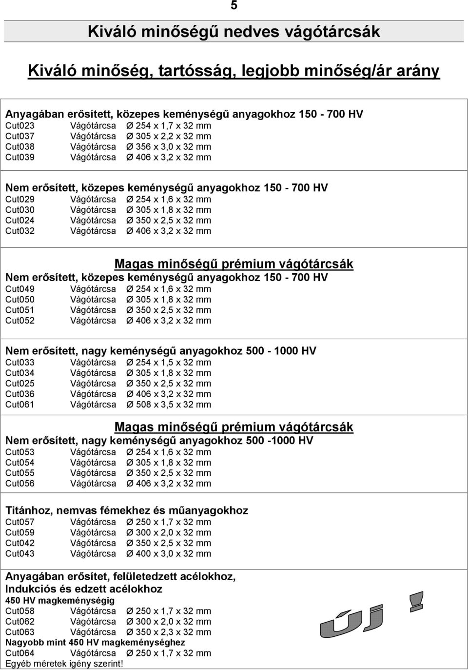 Vágótárcsa Vágótárcsa Vágótárcsa Vágótárcsa Ø 254 x 1,6 x 32 mm Ø 305 x 1,8 x 32 mm Ø 350 x 2,5 x 32 mm Ø 406 x 3,2 x 32 mm Magas minőségű prémium vágótárcsák Nem erősített, közepes keménységű