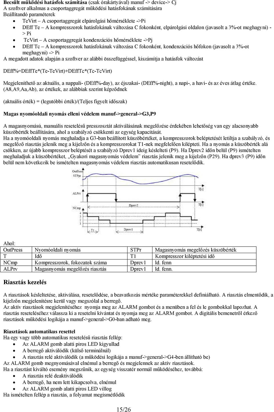 ->Pj DEff Tc A kompresszorok hatásfokának változása C fokonként, kondenzációs hıfokon (javasolt a 3%-ot meghagyni) -> Pi A megadott adatok alapján a szoftver az alábbi összefüggéssel, kiszámítja a