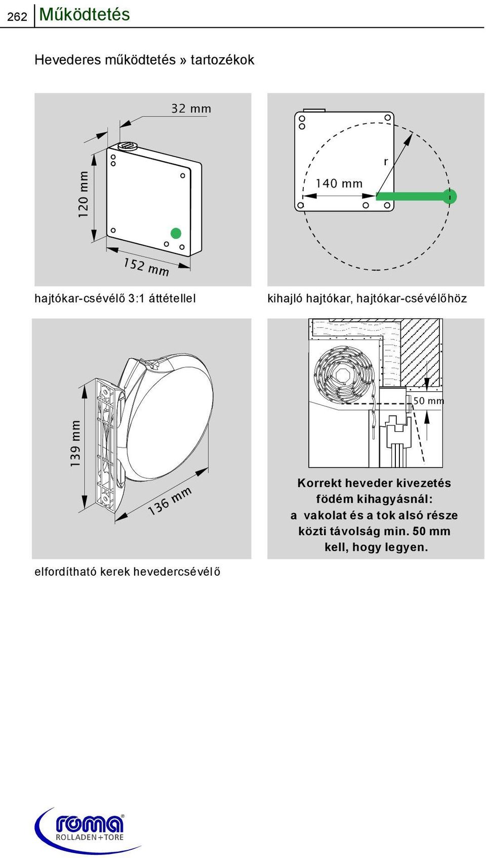 50 mm elfordítható kerek hevedercsévélő Korrekt heveder kivezetés