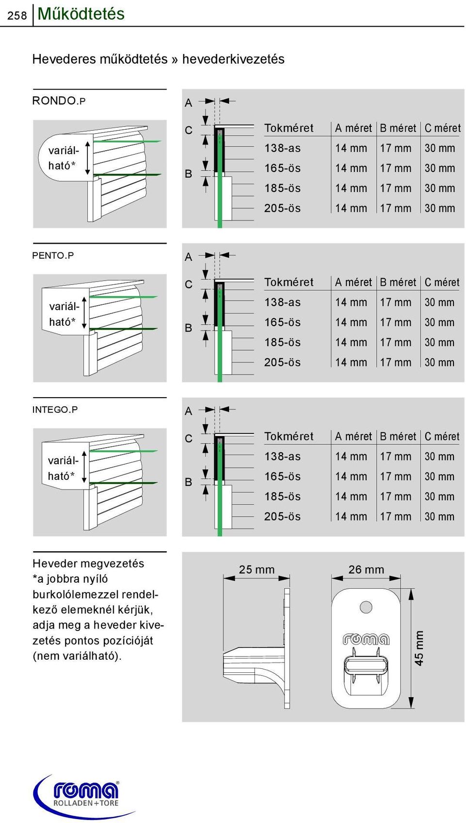 P A C Tokméret A méret B méret C méret variálható* B 138-as 165-ös 185-ös 17 mm 17 mm 17 mm 205-ös 17 mm INTEGO.
