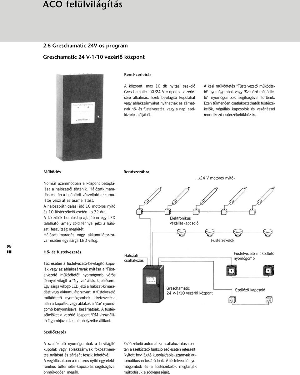 A kézi mûködtetés "Füstelvezetõ mûködtetõ" nyomógombok vagy "Szellõzõ mûködtetõ" nyomógombok segítségével történik.