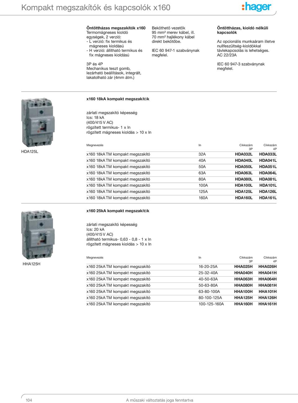 IEC 60 947- szabványnak megfelel. Öntöttházas, kioldó nélküli kapcsolók Az opcionális munkaáram illetve nullfeszültség-kioldókkal távlekapcsolás is lehetséges.