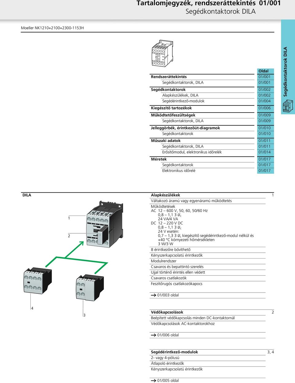 01/011 Segédkontaktorok, DILA 01/011 Erősítőmodul, elektronikus időrelék 01/014 Méretek 01/017 Segédkontaktorok 01/017 Elektronikus időrelé 01/017 Segédkontaktorok DILA DILA Alapkészülékek 1