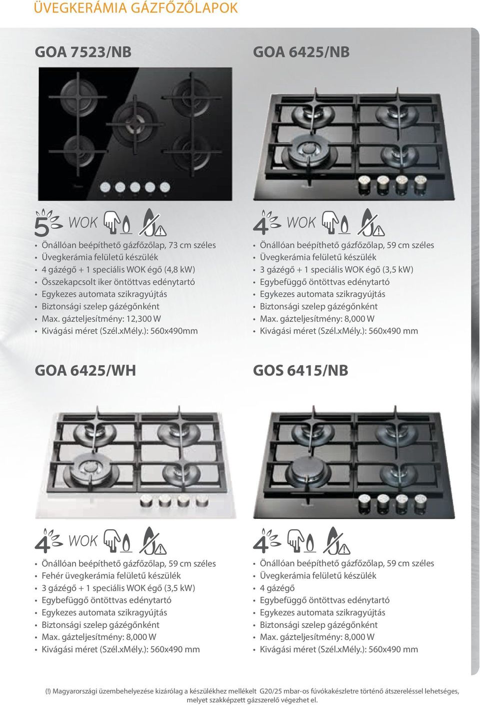 ): 560x490mm 3 gázégő + 1 speciális WOK égő (3,5 kw) Egybefüggő öntöttvas edénytartó GOA 6425/WH GOS 6415/NB Fehér üvegkerámia felületű készülék 3 gázégő + 1