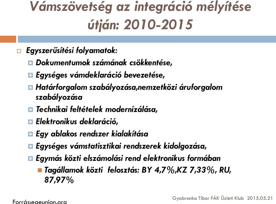 feltételek modernizálása, Elektronikus deklaráció, Egy ablakos rendszer kialakítása Egységes vámstatisztikai