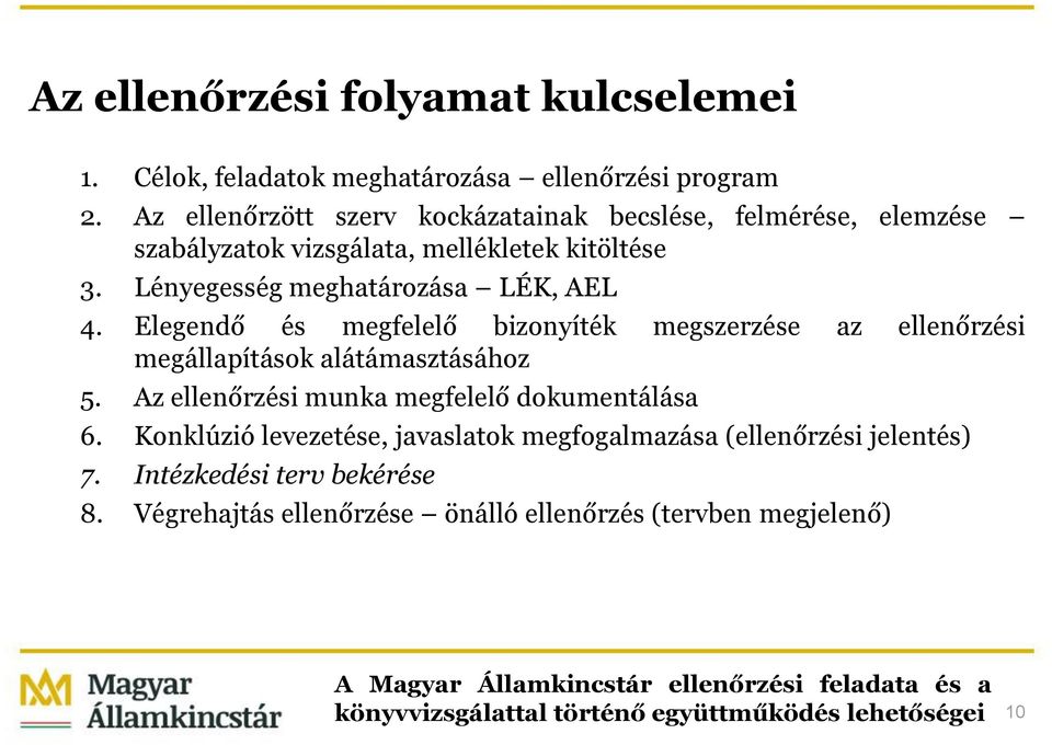 Lényegesség meghatározása LÉK, AEL 4. Elegendő és megfelelő bizonyíték megszerzése az ellenőrzési megállapítások alátámasztásához 5.