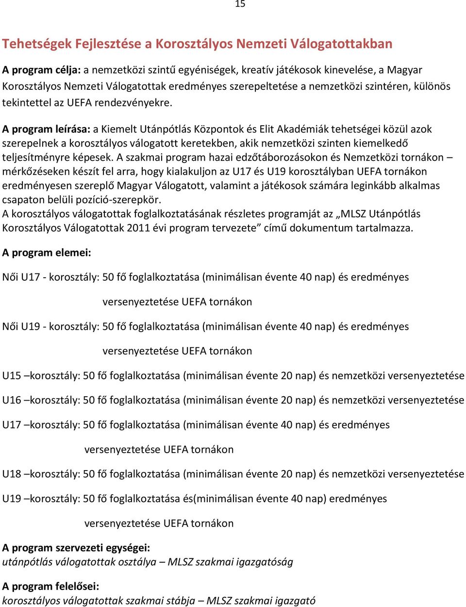 A program leírása: a Kiemelt Utánpótlás Központok és Elit Akadémiák tehetségei közül azok szerepelnek a korosztályos válogatott keretekben, akik nemzetközi szinten kiemelkedő teljesítményre képesek.