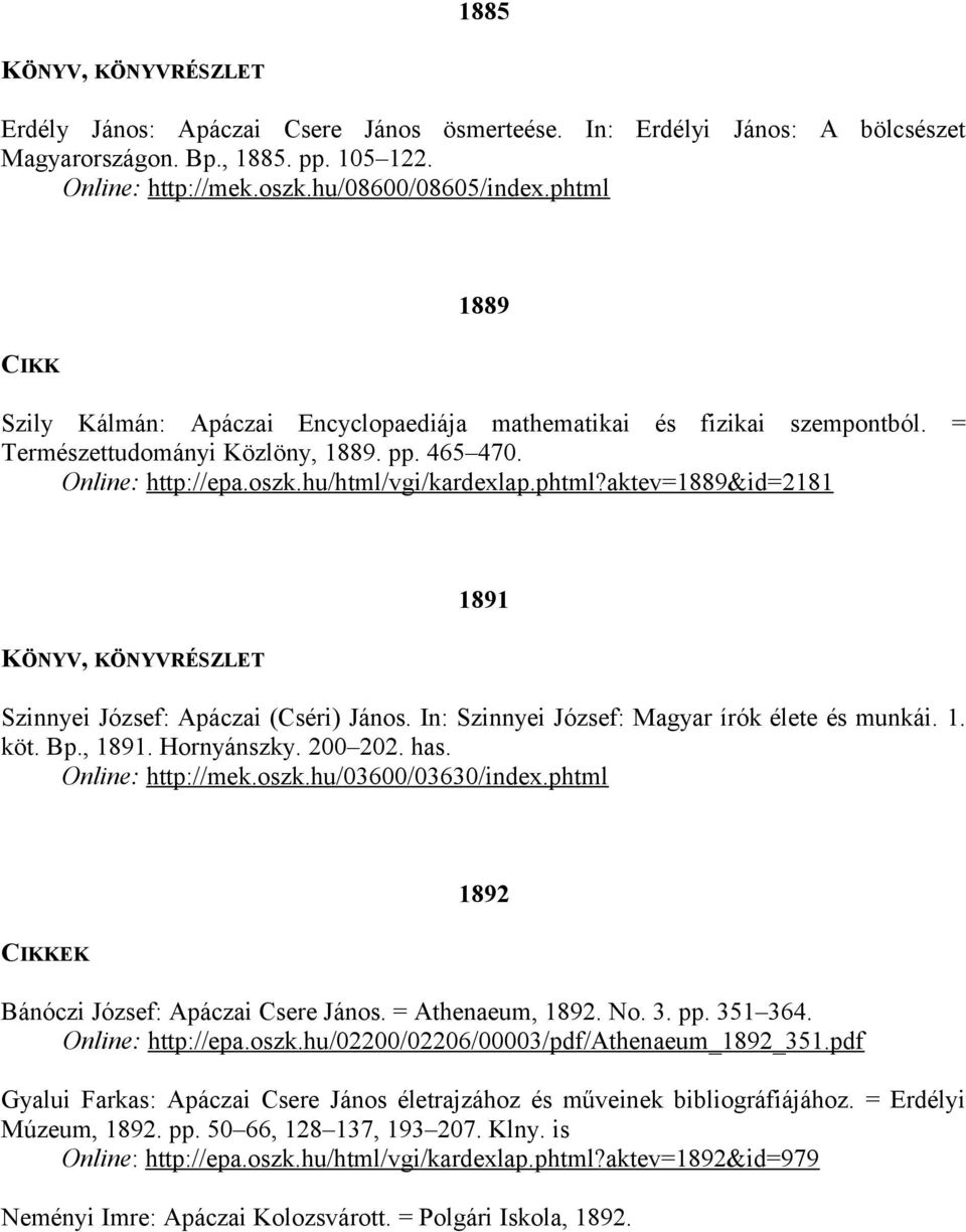 In: Szinnyei József: Magyar írók élete és munkái. 1. köt. Bp., 1891. Hornyánszky. 200 202. has. Online: http://mek.oszk.hu/03600/03630/index.phtml 1892 Bánóczi József: Apáczai Csere János.