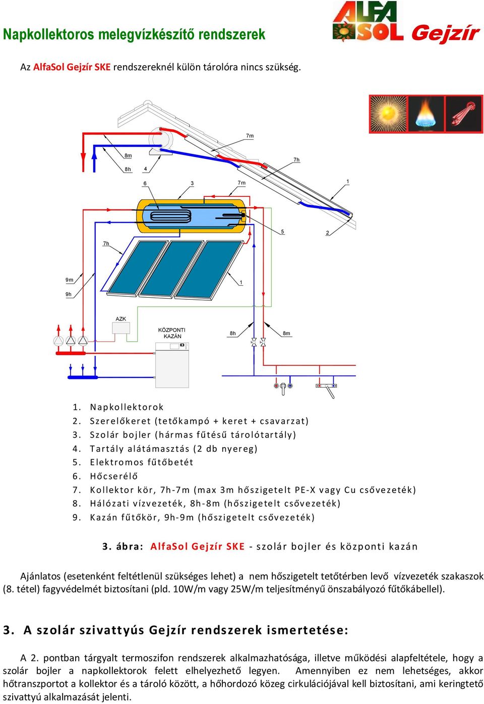 K o llek to r k ör, - (max 3m hő szigetelt PE-X v agy Cu cső vezeték) 8. Háló zati v ízv ezeték, - (h őszigetelt csőv ezeték ) 9. K azán fű tőkö r, 9h- 9m (hő szigetelt csőv ezeték ) 3.