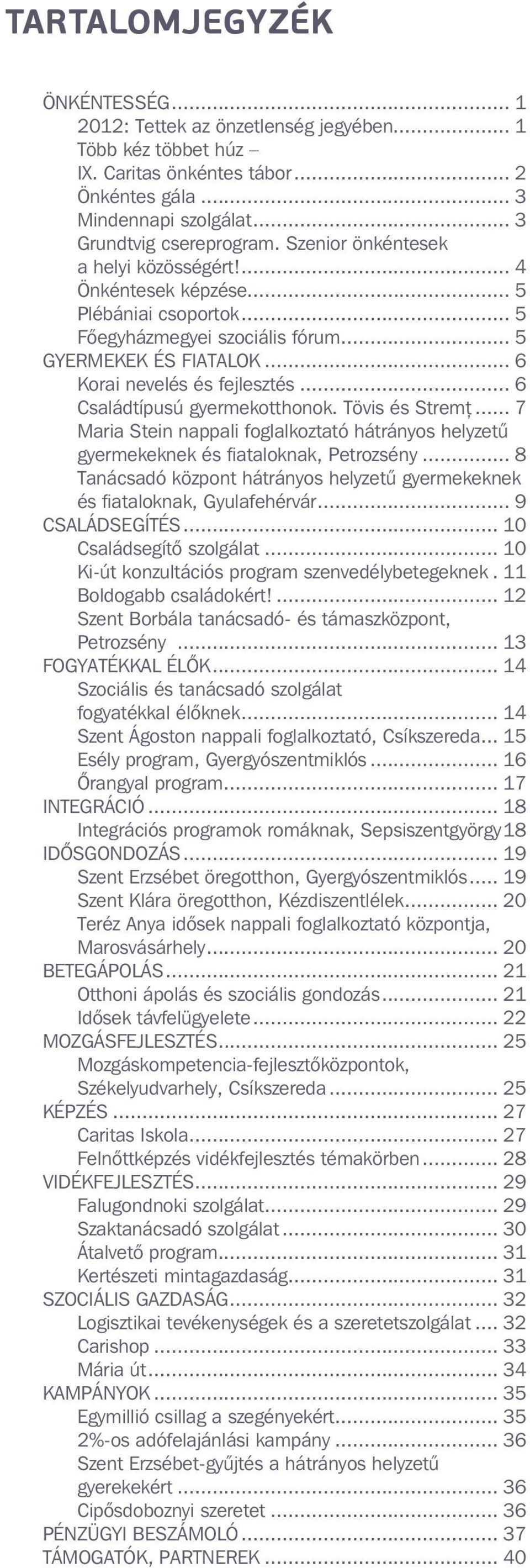 .. 6 Családtípusú gyermekotthonok. Tövis és Stremţ... 7 Maria Stein nappali foglalkoztató hátrányos helyzetű gyermekeknek és fiataloknak, Petrozsény.