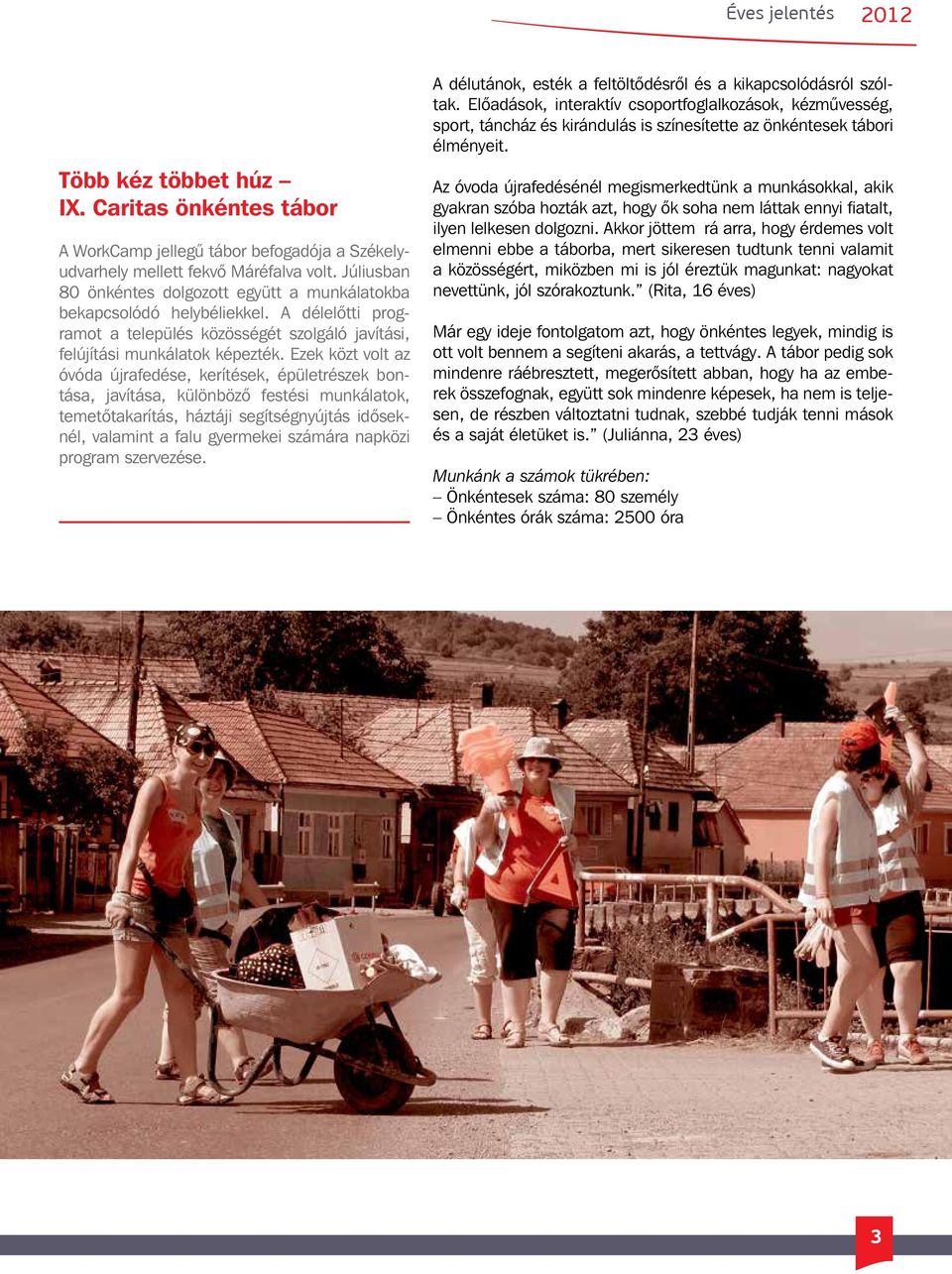 Ezek közt volt az óvóda újrafedése, kerítések, épületrészek bontása, javítása, különböző festési munkálatok, temetőtakarítás, háztáji segítségnyújtás időseknél, valamint a falu gyermekei számára