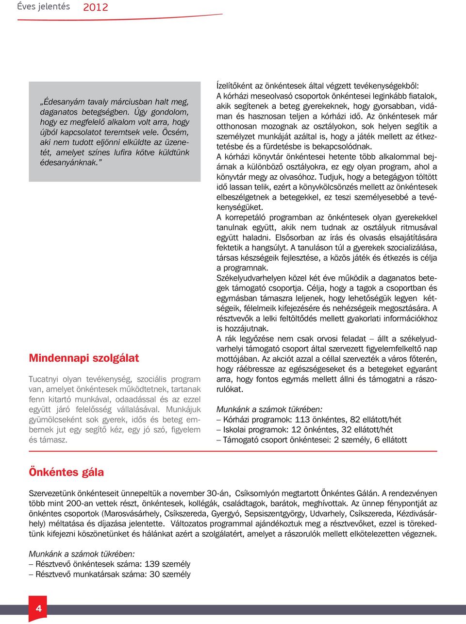 Mindennapi szolgálat Tucatnyi olyan tevékenység, szociális program van, amelyet önkéntesek működtetnek, tartanak fenn kitartó munkával, odaadással és az ezzel együtt járó felelősség vállalásával.