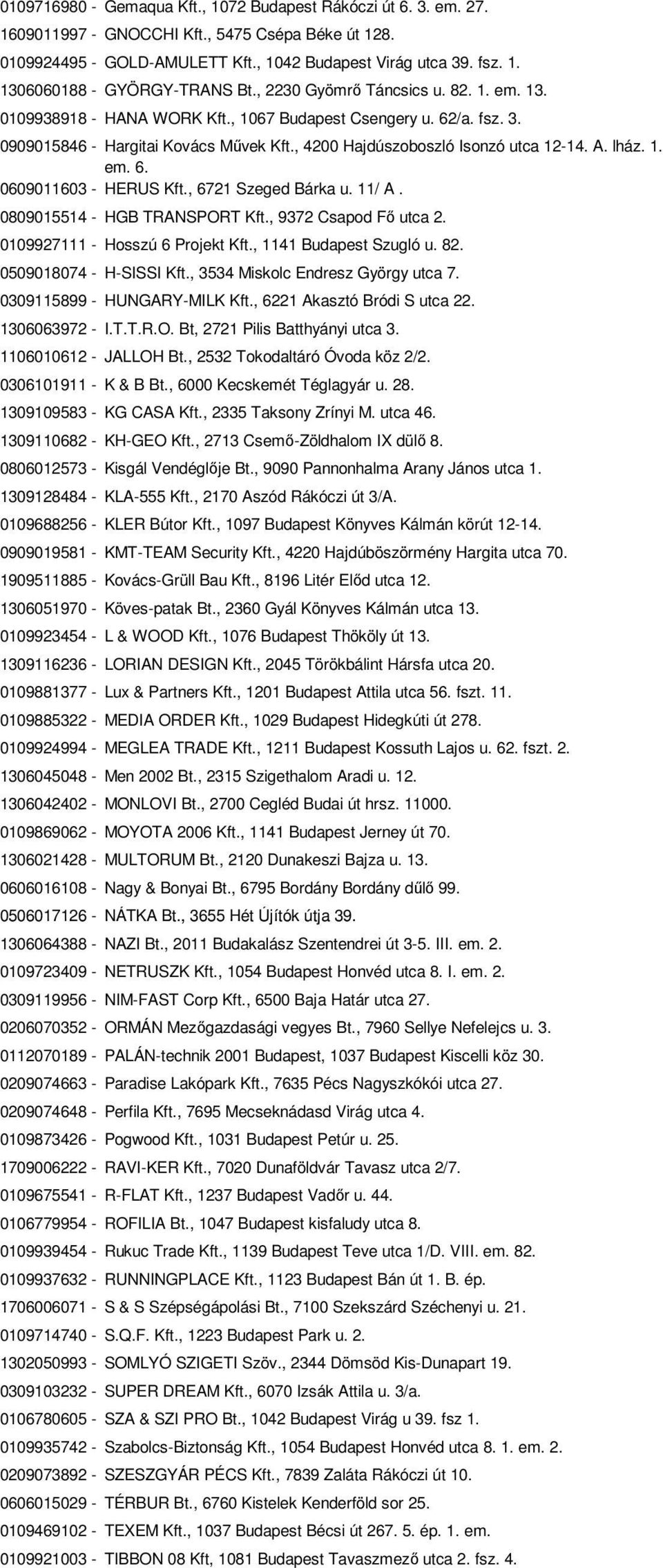 1. em. 6. 0609011603 - HERUS Kft., 6721 Szeged Bárka u. 11/ A. 0809015514 - HGB TRANSPORT Kft., 9372 Csapod Fı utca 2. 0109927111 - Hosszú 6 Projekt Kft., 1141 Budapest Szugló u. 82.