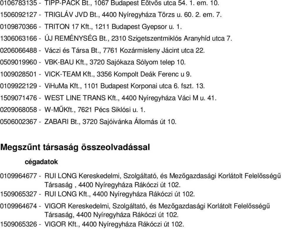 , 3356 Kompolt Deák Ferenc u 9. 0109922129 - ViHuMa Kft., 1101 Budapest Korponai utca 6. fszt. 13. 1509071476 - WEST LINE TRANS Kft., 4400 Nyíregyháza Váci M u. 41. 0209068058 - W-MŐKft.
