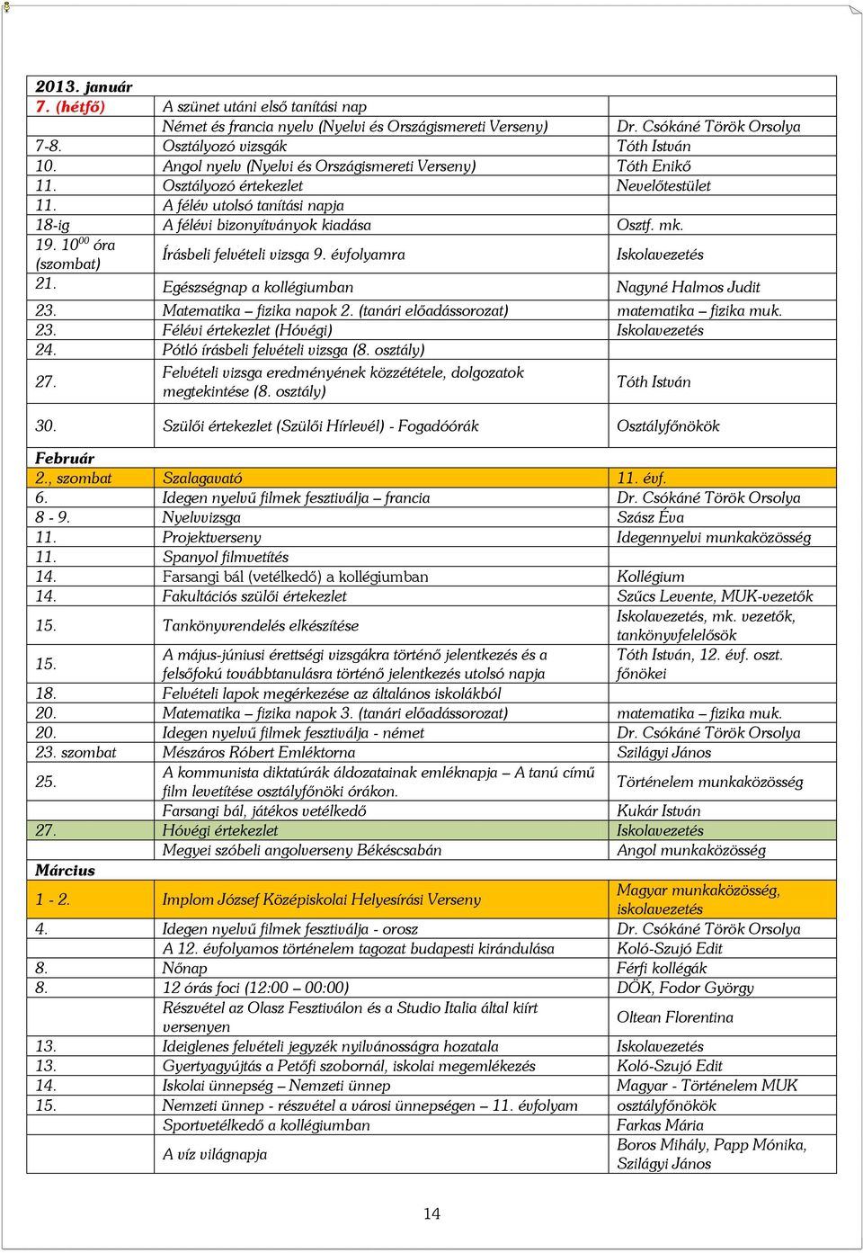 10 00 óra (szombat) Írásbeli felvételi vizsga 9. évfolyamra Iskolavezetés 21. Egészségnap a kollégiumban Nagyné Halmos Judit 23. Matematika fizika napok 2.