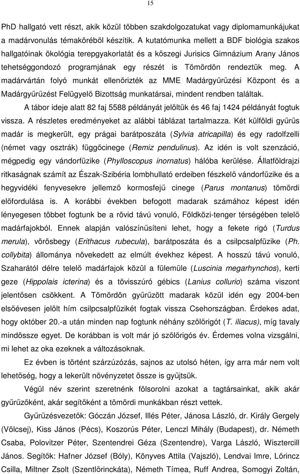 A madárvártán folyó munkát ellenőrizték az MME Madárgyűrűzési Központ és a Madárgyűrűzést Felügyelő Bizottság munkatársai, mindent rendben találtak.