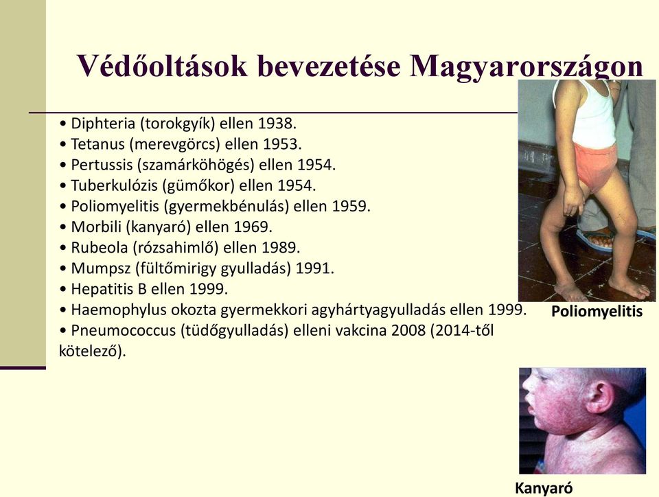 Morbili (kanyaró) ellen 1969. Rubeola (rózsahimlő) ellen 1989. Mumpsz (fültőmirigy gyulladás) 1991. Hepatitis B ellen 1999.