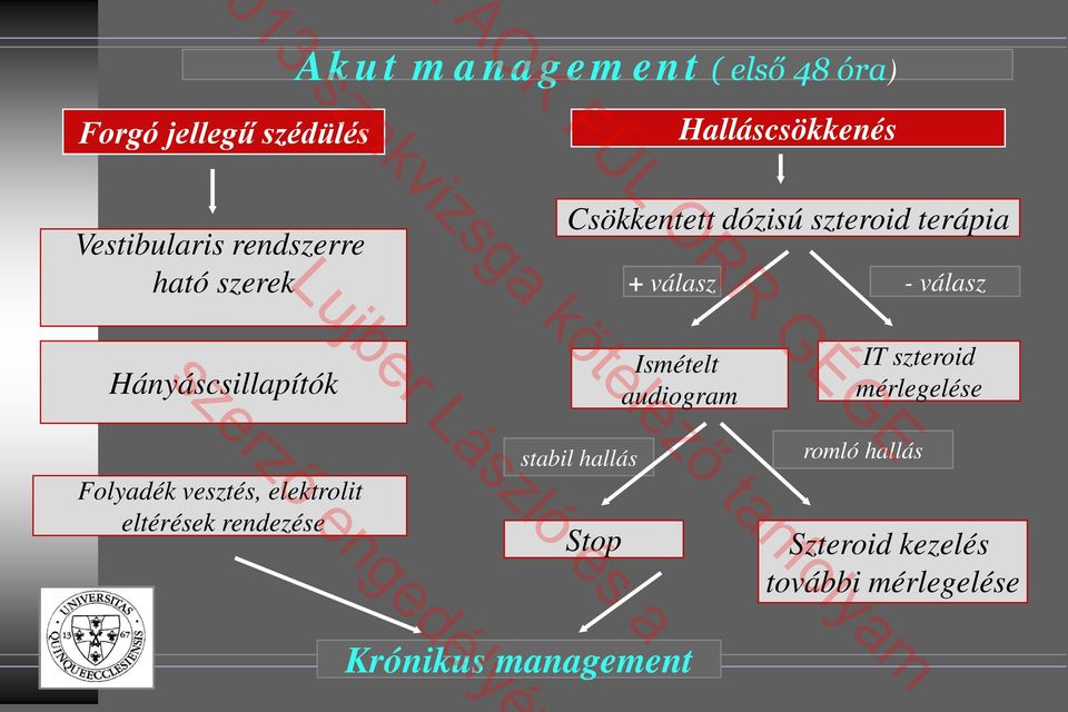 Hányáscsillapítók Ismételt audiogram IT szteroid mérlegelése Folyadék vesztés, elektrolit